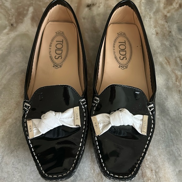 Tod's Shoes - Tod's Black and White Loafers with Metallic Bow